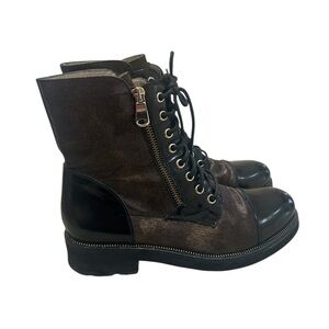 Ron white Tiffany Black leather bronze Combat Lace-Up Boots gold Zip EU 37.5